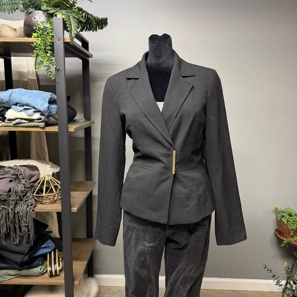 Calvin Klein black blazer gold bar snap womens 8 business classic career jacket - Picture 1 of 11